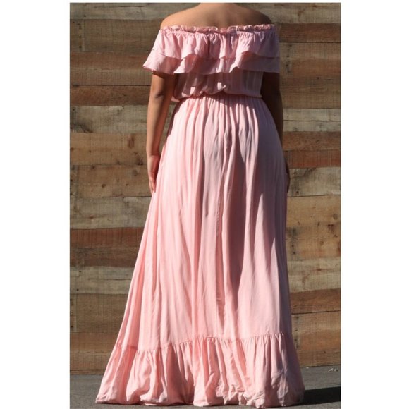 SOLD OUT Plus Size Pink Boho Off Shoulder Ruffle Maxi Dress - Picture 4 of 4
